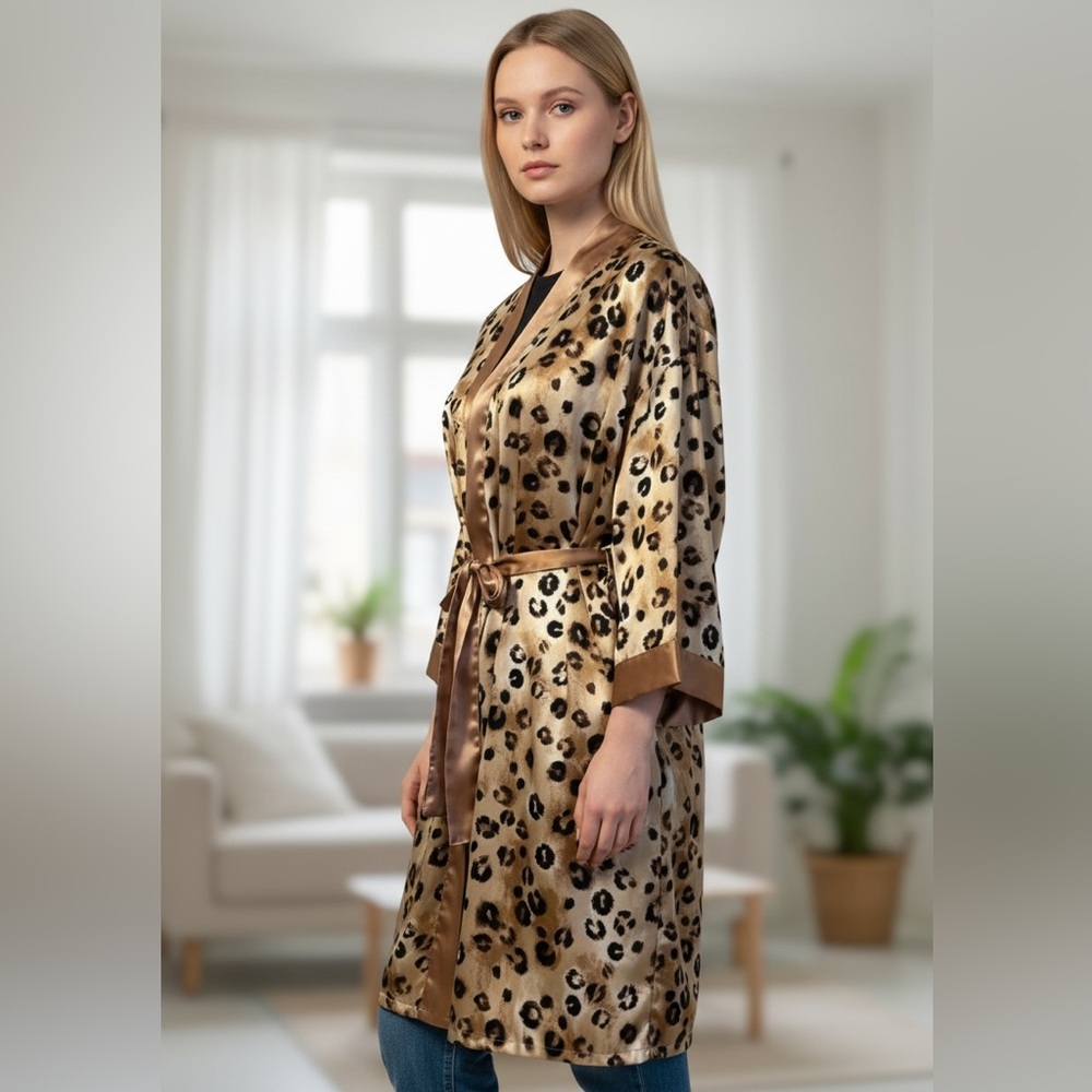 Amanda Steward Belted Long Sleeve Robe Animal Print Side Pockets 100% Polyester